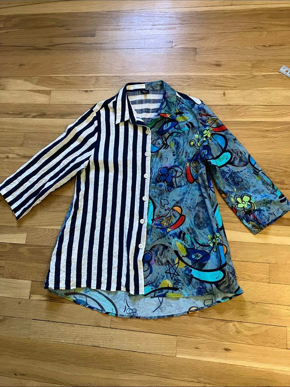 Mixed-Print Navy Stripe and Blue Floral Button-Front Blouse